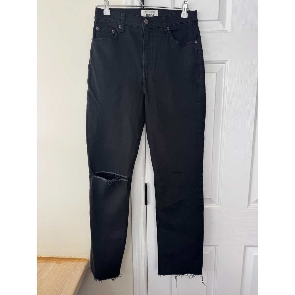 Reformation‎ Liza High Straight Jean Black Destroyed Distressed Raw Hem Size 28 - Picture 2 of 8